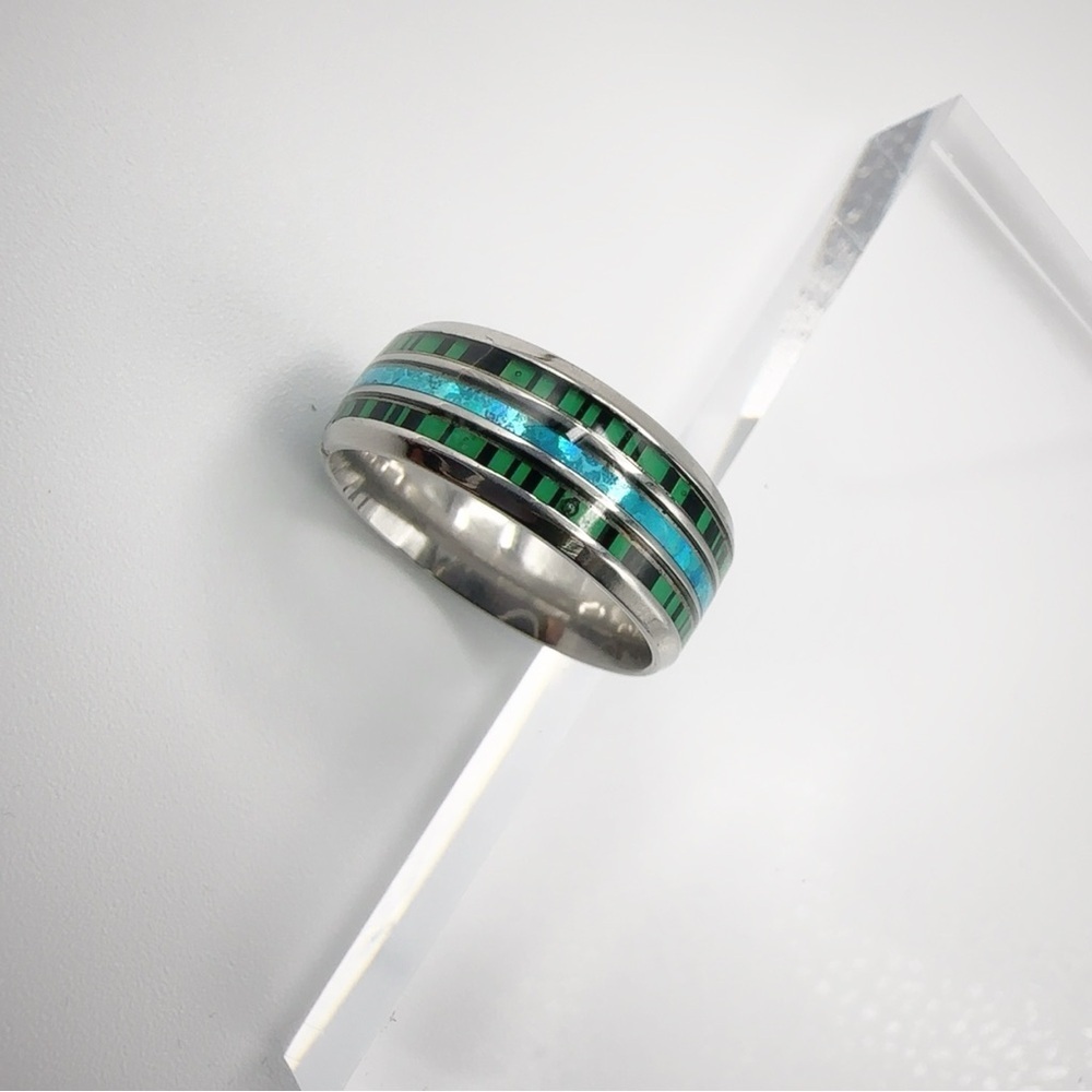 Stainless Steel Ring with Green and Blue Inlay - Picture 15 of 17